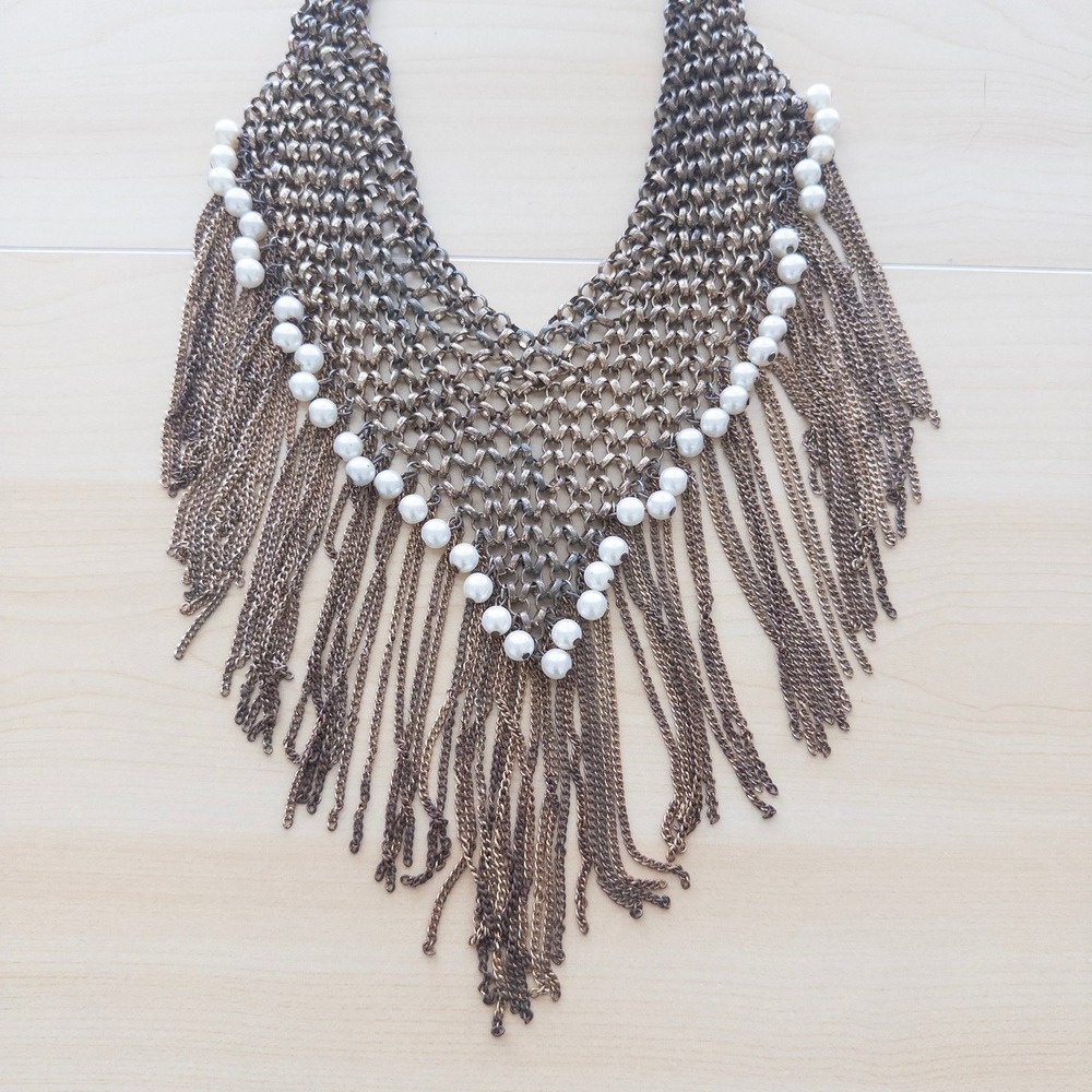 Boho Womens Bib Necklace OS Bronze Mesh Pearl Fringe Statement Chain Festival - Picture 4 of 7